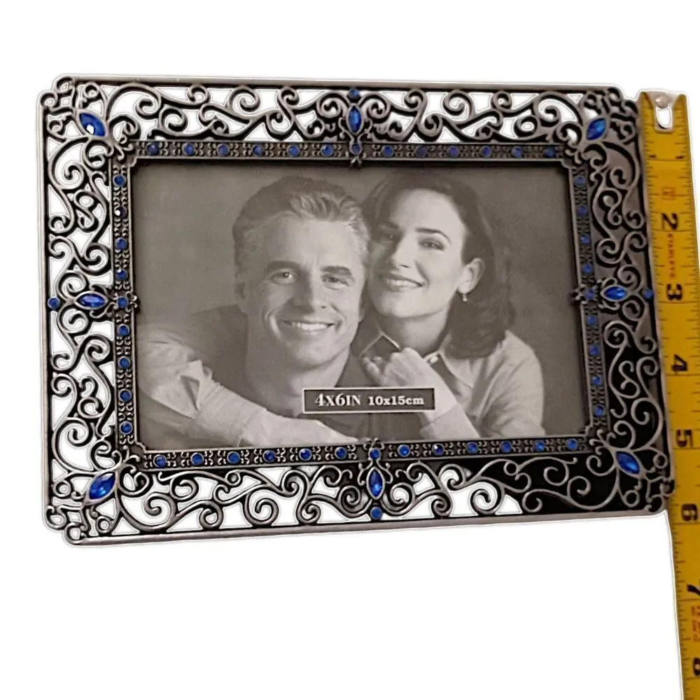 Picture Frame Ornate Metal Jewels Rhinestone Photo 4x6 Silver Tone Fairy Cottage